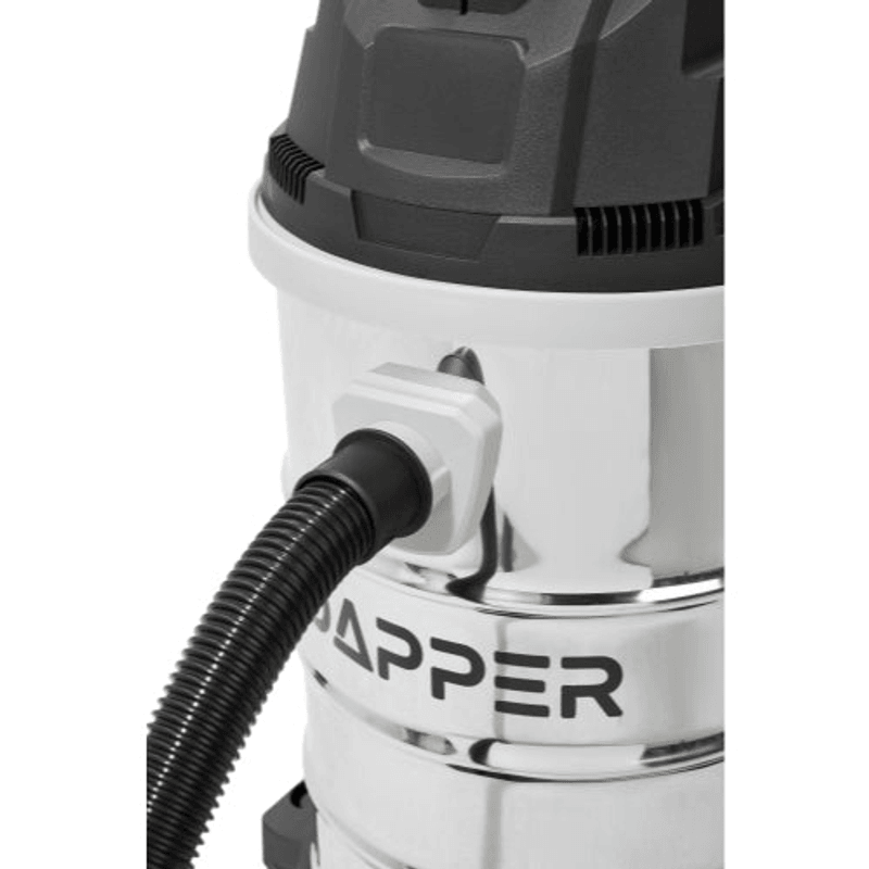 Dapper Supply wet/dry vacuum hose inlet port close up with hose attached.