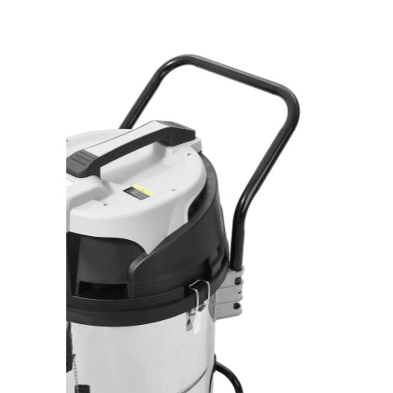 Dapper Supply wet/dry vacuum motor head and carry handle closeup.