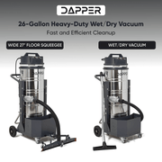 Dapper Supply 26.5-gallon wet/dry vacuum shown with floor squeegee and vacuum wand modes.