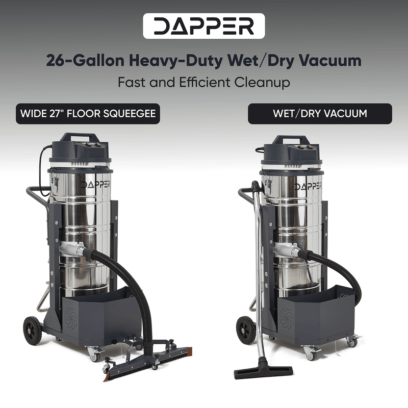 Dapper Supply 26.5-gallon wet/dry vacuum shown with floor squeegee and vacuum wand modes.