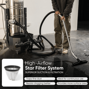 Dapper Supply 26.5-gallon wet/dry vacuum high-airflow star filter system in use.