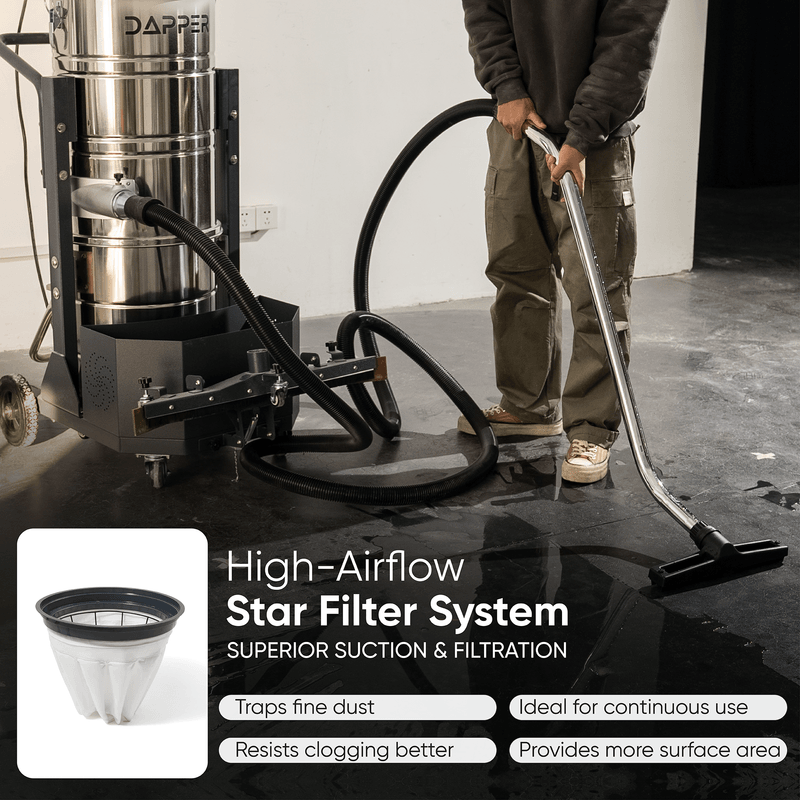 Dapper Supply 26.5-gallon wet/dry vacuum high-airflow star filter system in use.