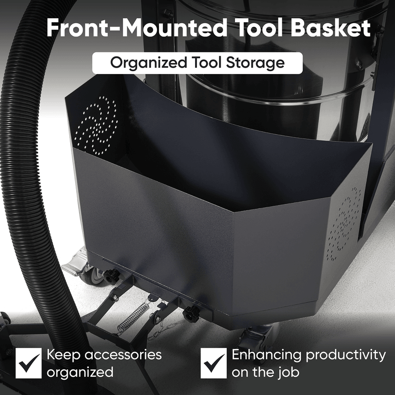 Dapper Supply 26.5-gallon wet/dry vacuum front-mounted tool basket closeup.