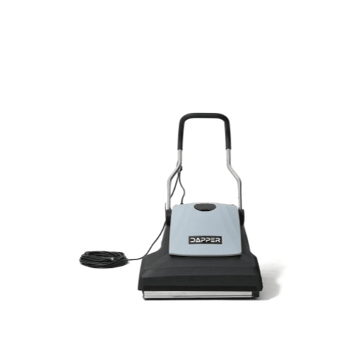 Dapper Supply 26-inch commercial wide area vacuum front view with coiled power cord.