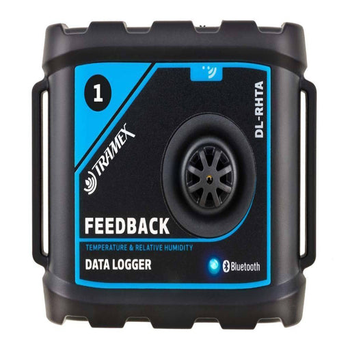 Tramex DL-RHTA - Ambient Feedback Datalogger; a sleek, portable datalogger with a black body, featuring a digital display and buttons for easy operation, set against a white background.