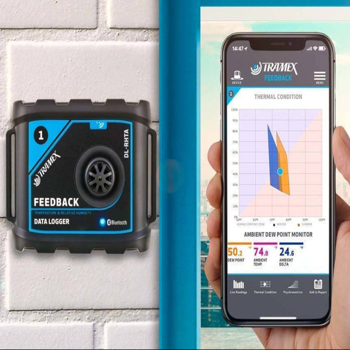 Tramex DL-RHTA - Ambient Feedback Datalogger. Image showing the Tramex DL-RHTA device along with its iPhone X app interface displaying temperature and moisture readings against a background of a brick wall.