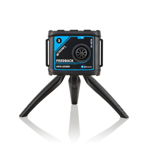 Tramex DL-RHTA - Ambient Feedback Datalogger, a datalogger device mounted on a tripod, displayed against a white background, showcasing its sleek design and control interface.