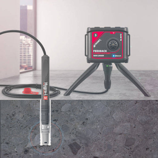 Tramex Feedback Datalogger EZ Kit - FBZK: A cutaway view of a concrete floor showing the in-situ sleeve for a hygrometric probe, highlighting thermal and moisture conditions within a construction setting.