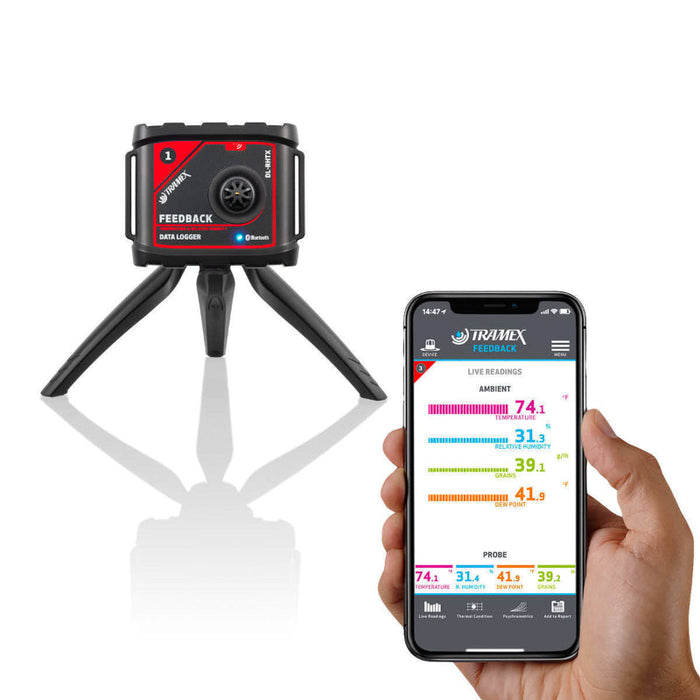 Tramex DL-RHTX - Ambient & Probe Feedback Datalogger: A professional-grade datalogger showcasing a sleek design with a digital display, measuring relative humidity and temperature. The device features both probe and ambient feedback capabilities, suitable for various environmental monitoring applications.