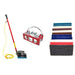 Cleaning tool set with red handle, metal frame, and multiple scrub pads on a white background
