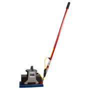 Floor cleaning machine with red handle and blue base on a white background