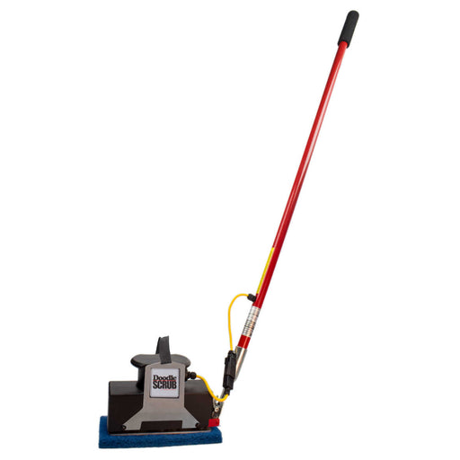 Floor cleaning machine with red handle and blue base on a white background