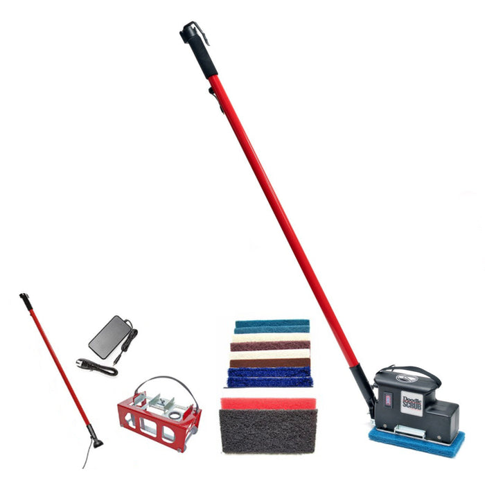 Set of cleaning tools including a red pole with attachments on a white background