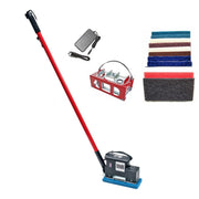 Cleaning tool set with red handle, sponges, and attachments on a white background
