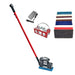 Cleaning tool set with red handle, sponges, and attachments on a white background