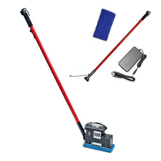 Cleaning tool set with red pole, blue scrubber, and black attachments on a white background