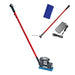 Cleaning tool set with red pole, blue scrubber, and black attachments on a white background