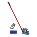 Cleaning tool with red handle, black attachments, and blue scrubber on a white background