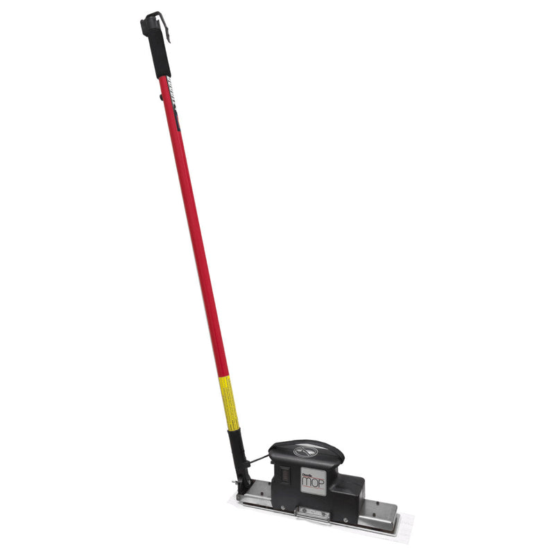 Floor cleaning tool with red handle and black base on a white background