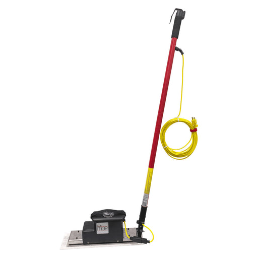 Floor cleaning machine with red handle and yellow cord on a white background