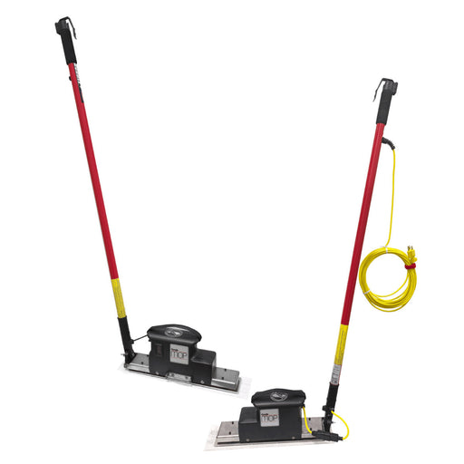 Two floor cleaning machines with red and black handles and yellow cables on a white background.