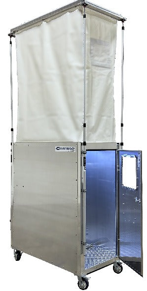 DUSTBUGGY Classic with enclosure raised on four poles and the end door open