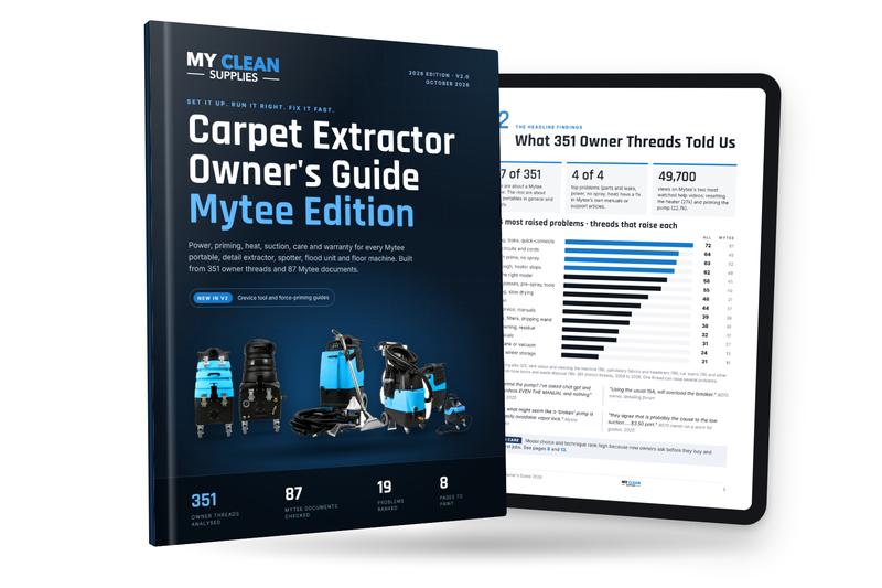 My Clean Supplies Carpet Extractor Owner's Guide, Mytee Edition, shown as a book and on a tablet