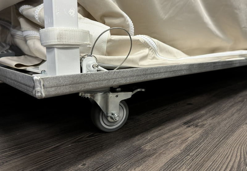 ECU4 Mobile Platform corner with a locking swivel caster and a pinned frame leg