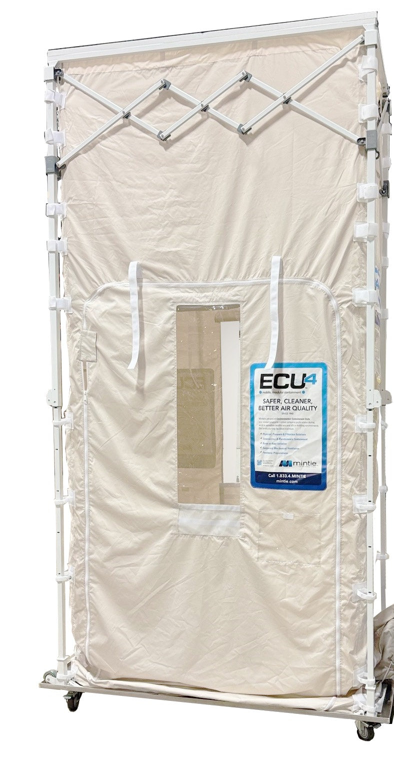 ECU4 containment unit on its frame casters with a zip door, clear window and collapsible frame