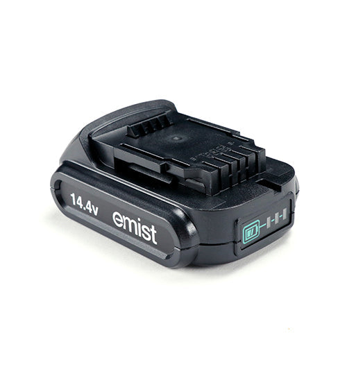 EMist 14.4V lithium ion battery with fuel gauge, on a white background