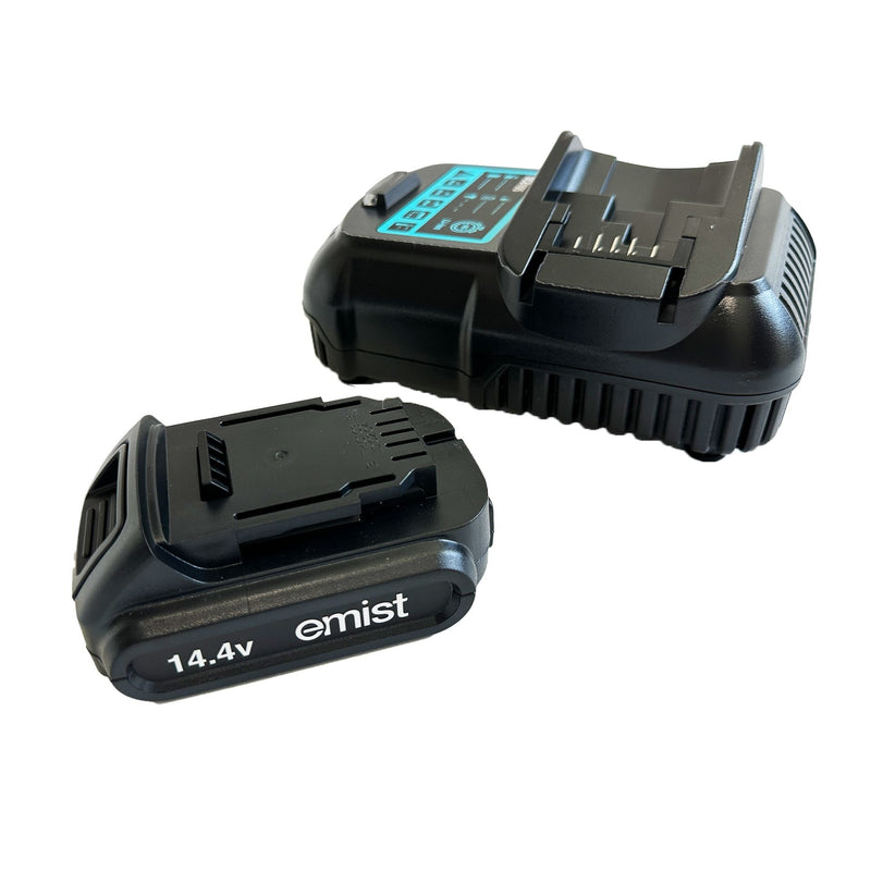 EMist 14.4V battery charger beside a 14.4V battery pack (battery sold separately)
