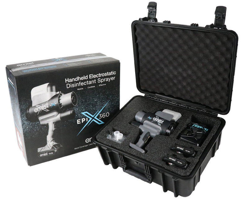 EMist EPIX360 bundle: retail box and open carrying case with sprayer, charger and two batteries