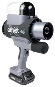 EMist EPIX360 handheld electrostatic sprayer, front right three-quarter view with 14.4V battery