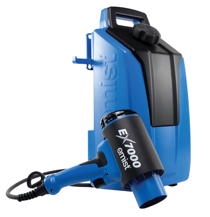 EMist EX7000 power pack with the spray wand and cord in front, side storage hook visible