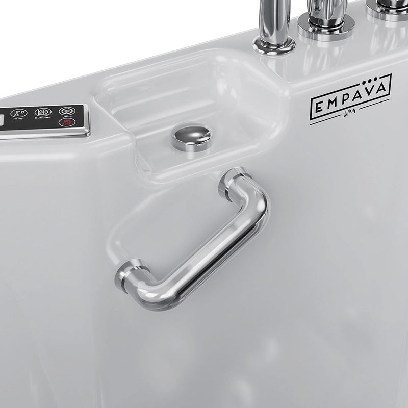 Empava EMPV-54WIT08 jet control panel and chrome grab handle on the tub rim
