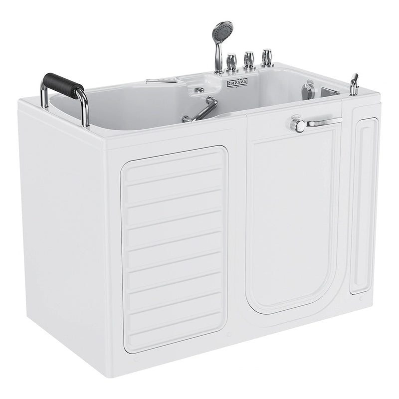 Empava EMPV-54WIT08 walk-in tub, three-quarter view with door, handrails and hand shower, white background