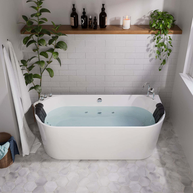 Empava EMPV-59AIS06 in a white tiled bathroom under a wood shelf