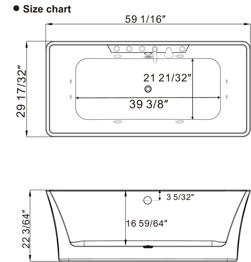Empava EMPV-59AIS15 dimension drawing, top and side views
