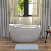 Empava EMPV-59JT011 freestanding soaking tub by a window in a wood-floor bathroom