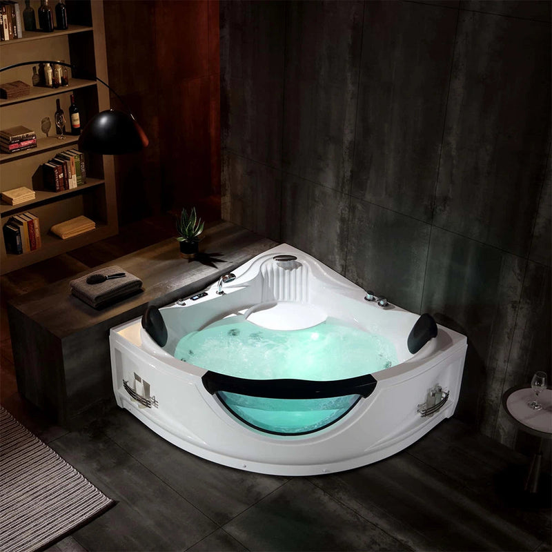Empava EMPV-59JT319LED corner whirlpool tub lit with LED light in a dark bathroom