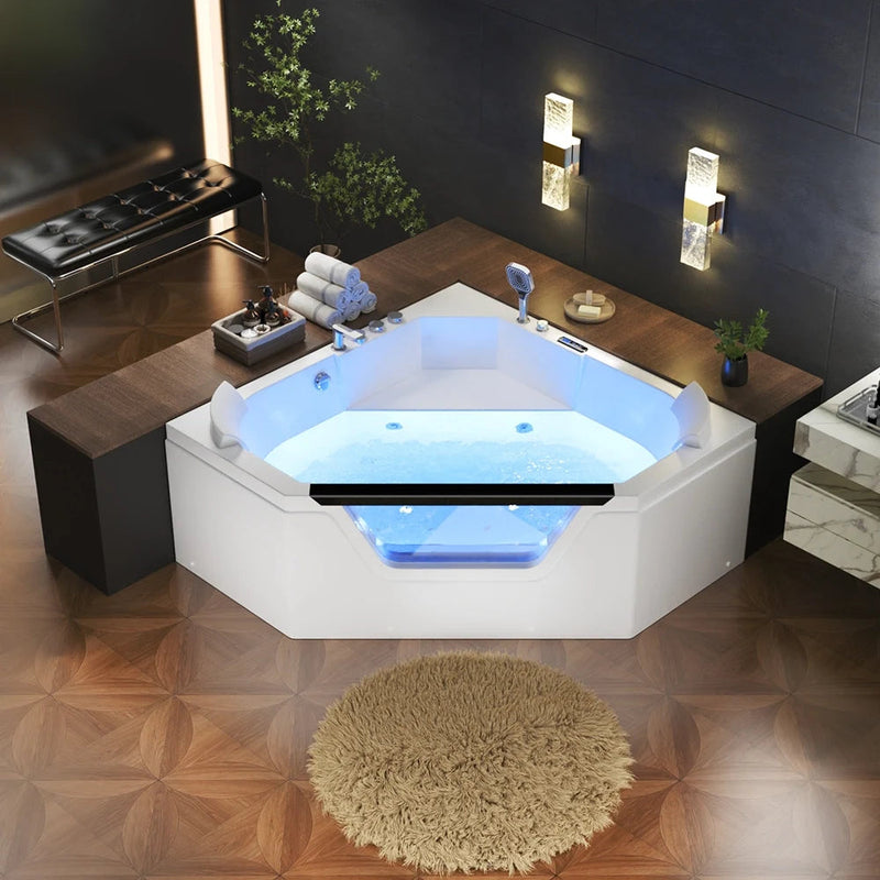 Empava EMPV-59PRO03 diamond corner tub lit blue in a dark bathroom