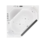 Empava EMPV-59PRO03 diamond corner tub, top view with jets, controls and faucet, white background