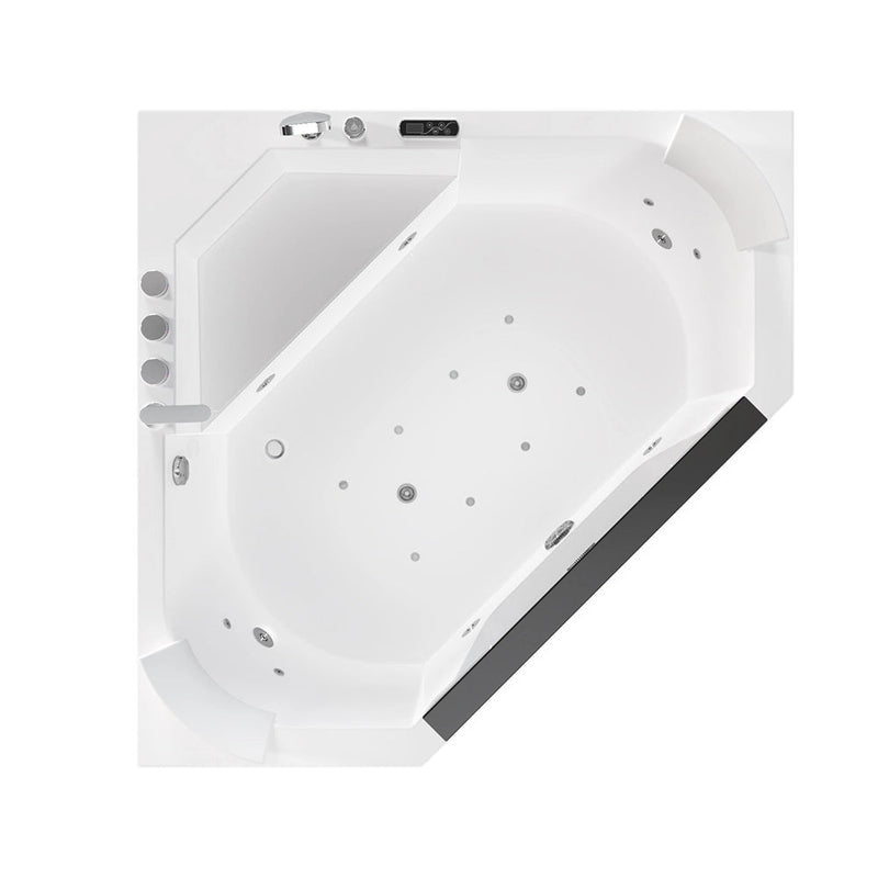 Empava EMPV-59PRO03 diamond corner tub, top view with jets, controls and faucet, white background