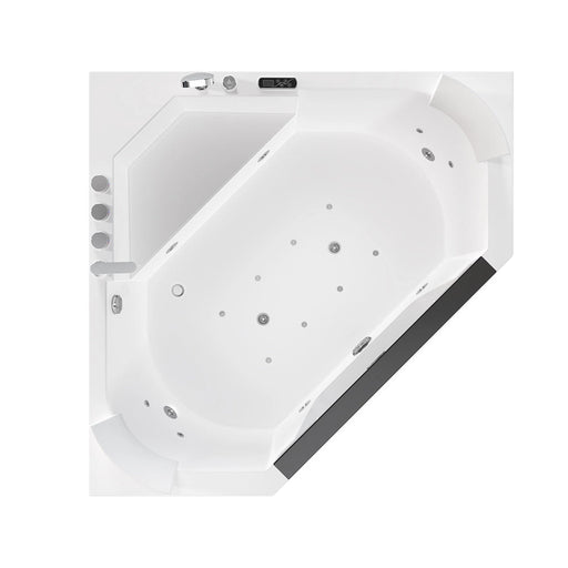Empava EMPV-59PRO03 diamond corner tub, top view with jets, controls and faucet, white background