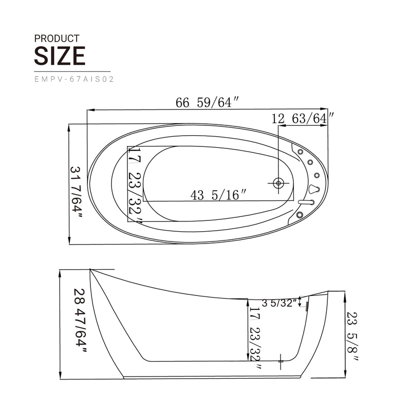Empava EMPV-67AIS02 dimension drawing, top and side views