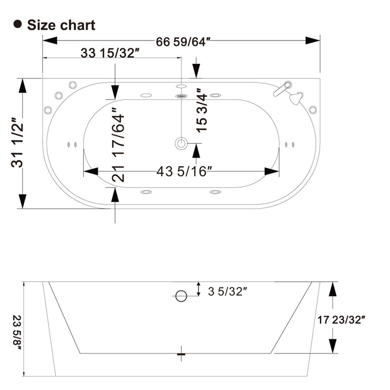 Empava EMPV-67AIS07 dimension drawing, top and side views
