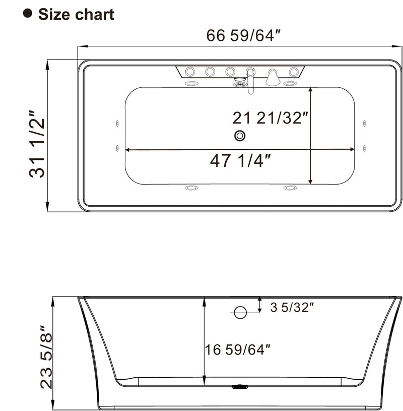 Empava EMPV-67AIS16 dimension drawing, top and side views