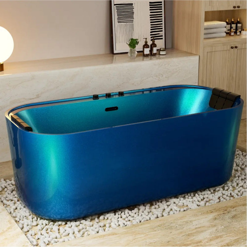 Empava EMPV-67DM01 blue freestanding double-ended whirlpool tub, three-quarter view