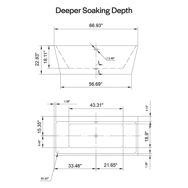 Empava EMPV-67FT1516 dimension drawing with soaking depth and overall measurements