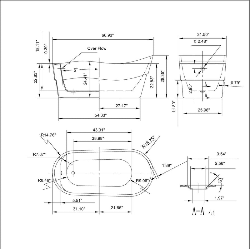 Empava EMPV-67FT1527 dimension drawing with overflow and drain section